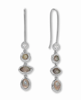 winter accessory Labradorite Multistone Drop Earrings with Cubic Zirconia Hammered Rhodium on Silver - Nontarnish