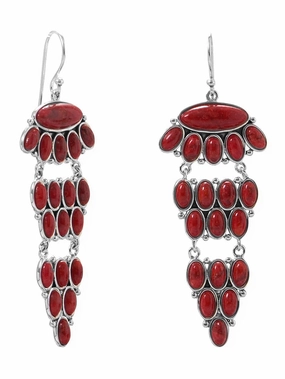 Avant-Garde Ornament Trendy Must-Have Dyed Deep Red Coral Chandelier Earrings Tiered with 38 Total Stones
