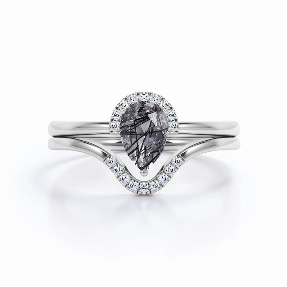 Lovely Modern Half Bezel 1.75 Carat Teardrop Shape and Diamond Contour Curved Pave Band Bridal Set Rings - Wedding Ring Sets Unique Style