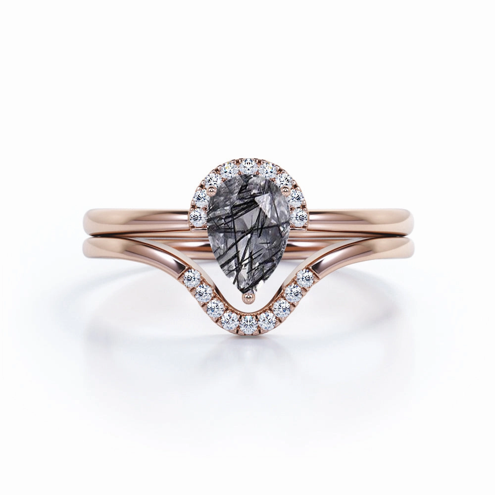 Modern Work Traditional Gift Lovely Modern Half Bezel 1.75 Carat Teardrop Shape and Diamond Contour Curved Pave Band Bridal Set Rings - Wedding Ring Sets