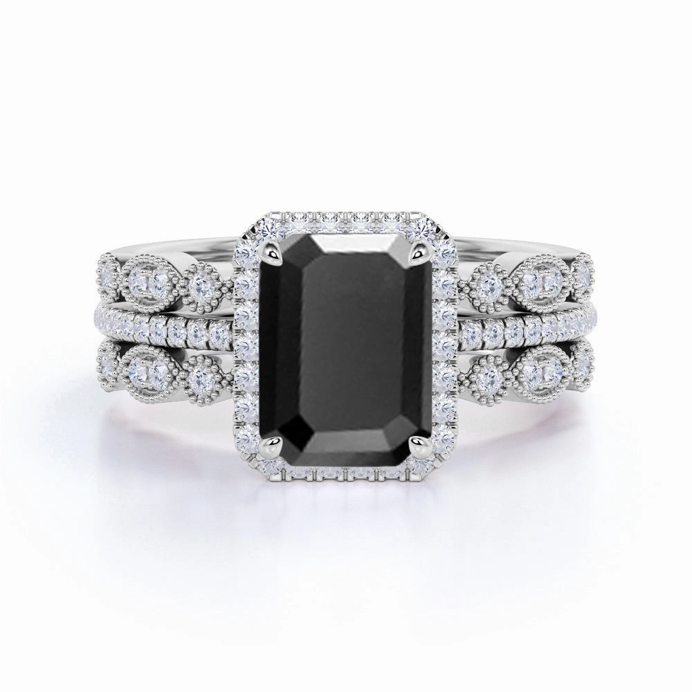 Understated Elegance 2 ct Trio Lab Black Diamond Vintage Wedding Ring Set