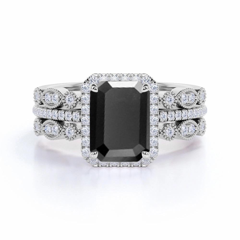 Vivid Accent Neutral Feature 2 ct Trio Lab Black Diamond Vintage Wedding Ring Set