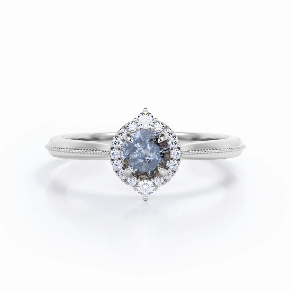 Halo 0.45 Ct Round Salt and Pepper Diamond Engagement Ring Break Resistant