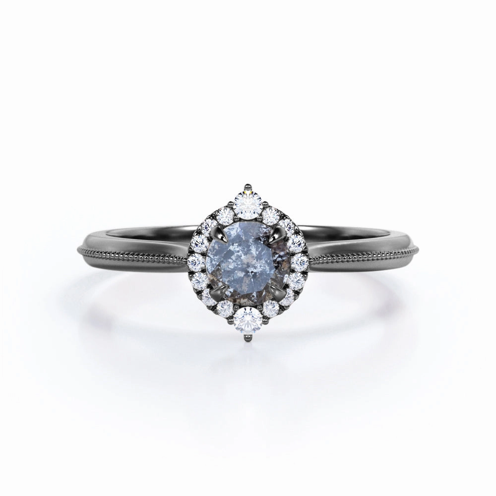Halo 0.45 Ct Round Salt and Pepper Diamond Engagement Ring Designer Article Fashionable Statement