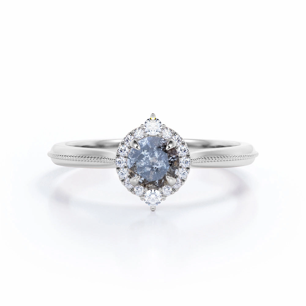 Regional Style Halo 0.45 Ct Round Salt and Pepper Diamond Engagement Ring