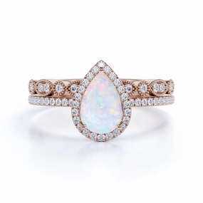 Vintage 1.75 ct Halo Pear Shaped Fire Opal and Moissanite Wedding Ring Set in 18K Rose Gold over Silver Minimal Accent Contemporary accessory
