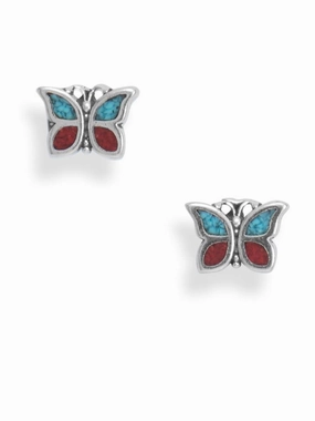 Pearlescent Piece Shiny Trinket Butterfly Stud Earrings with Turquoise Chips Sterling Silver