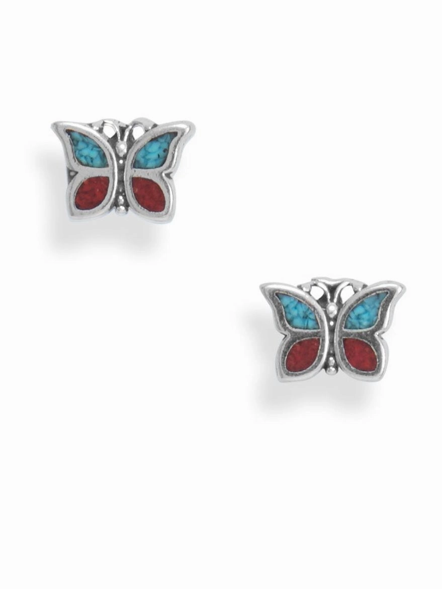 Pearlescent Piece Shiny Trinket Butterfly Stud Earrings with Turquoise Chips Sterling Silver