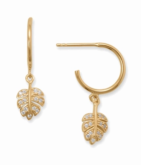 Gold-plated 3/4 Hoop Earrings with Cubic Zirconia Studded Leaf Charms Simple Decor