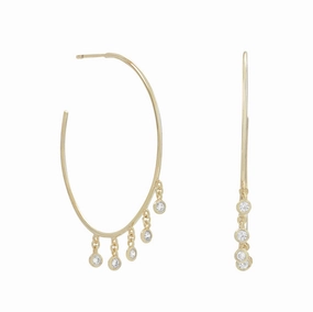 Gold-plated Hoop Earrings with Dangling Cubic Zirconia Drops Ornate Style Cute Jewelry