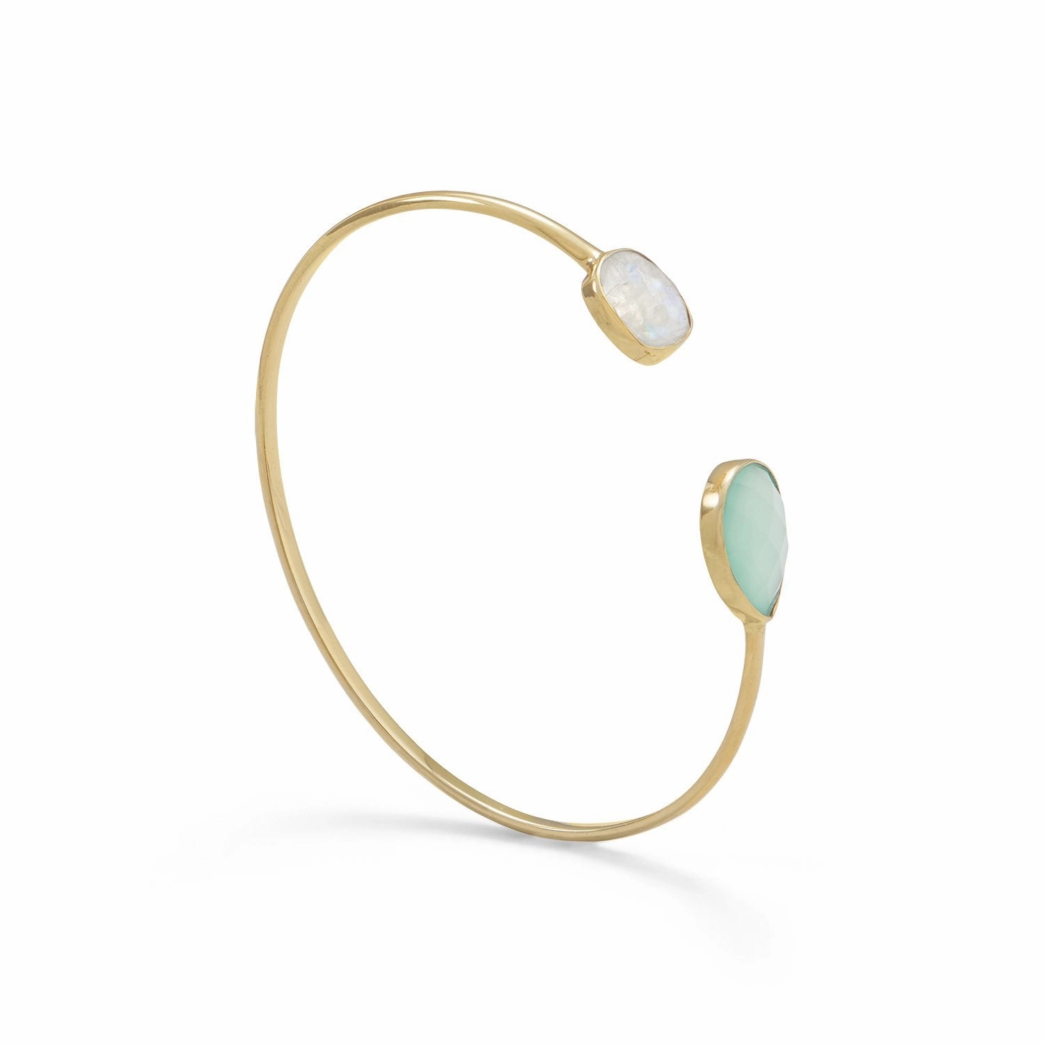 Gold-plated Rainbow Moonstone and Green Chalcedony Open Split Cuff Bracelet Retro But New Common Choice