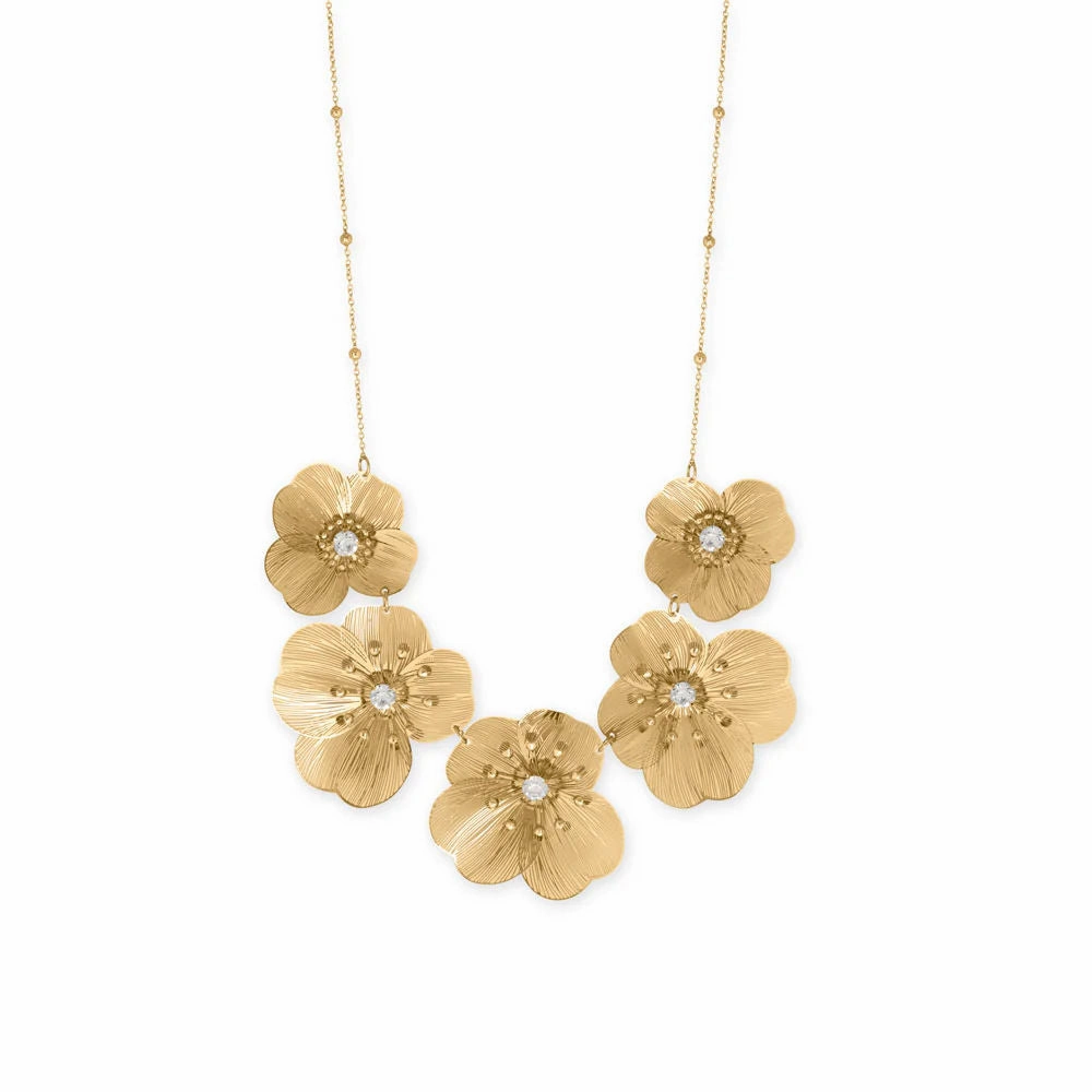 Versatile Adornment Gold Tone Flower Bib Necklace with Crystals Adjustable Length