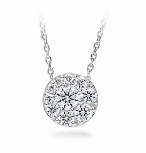 Hearts On Fire 18K White Gold Tessa Round Shape Diamond Cluster Pendant with a Cable Link Chain (.76ctw) Light Pop Subtle Highlight