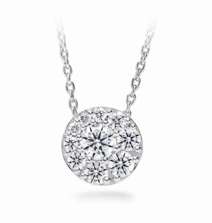 Hearts On Fire 18K White Gold Tessa Round Shape Diamond Cluster Pendant with a Cable Link Chain (.76ctw) Light Pop Subtle Highlight