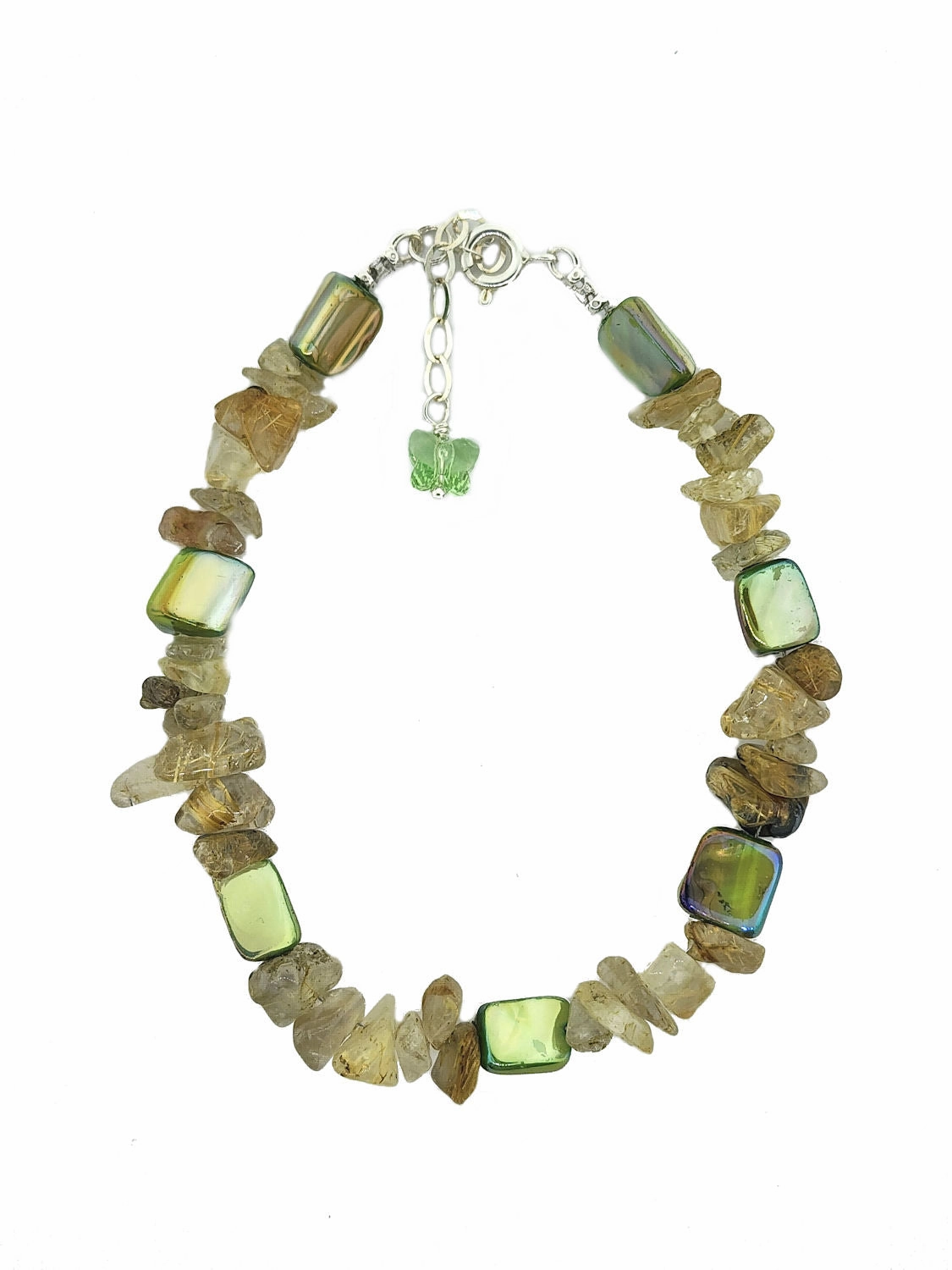 Silver Lined Fair trade Golden Rutilated Quartz and Green Mother of Pearl Bracelet