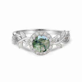1.10 Ct Round Green Moss Agate Vine Halo Engagement Ring Classic Bauble