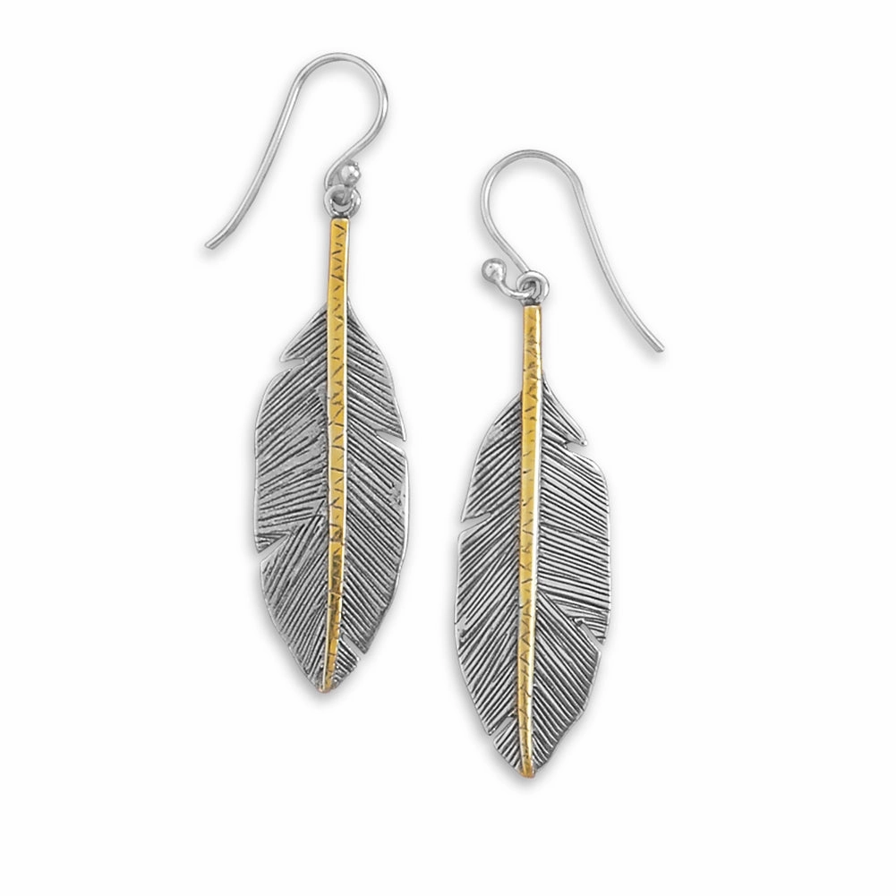 Attractive Look Radiant Embellishment Feather Earrings Two Tone Antique Finish Gold-plated Sterling Silver