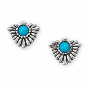 Southwestern Fan Design Imitation Turquoise Stud Earrings Rhodium on Sterling Silver Gorgeous style