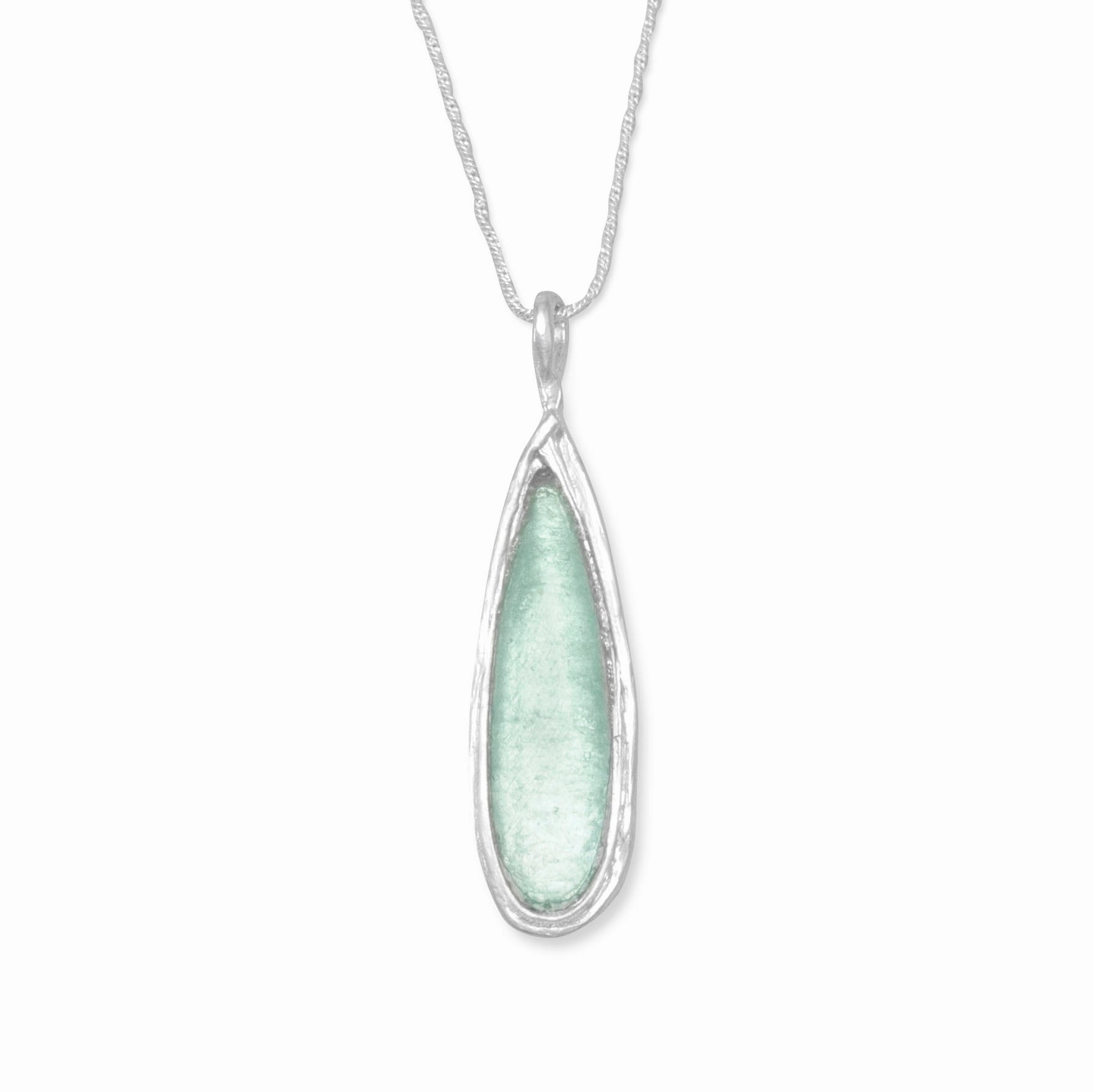 Ancient Roman Glass Necklace Aqua Raindrop Sterling Silver Creative Edge Warm Accent