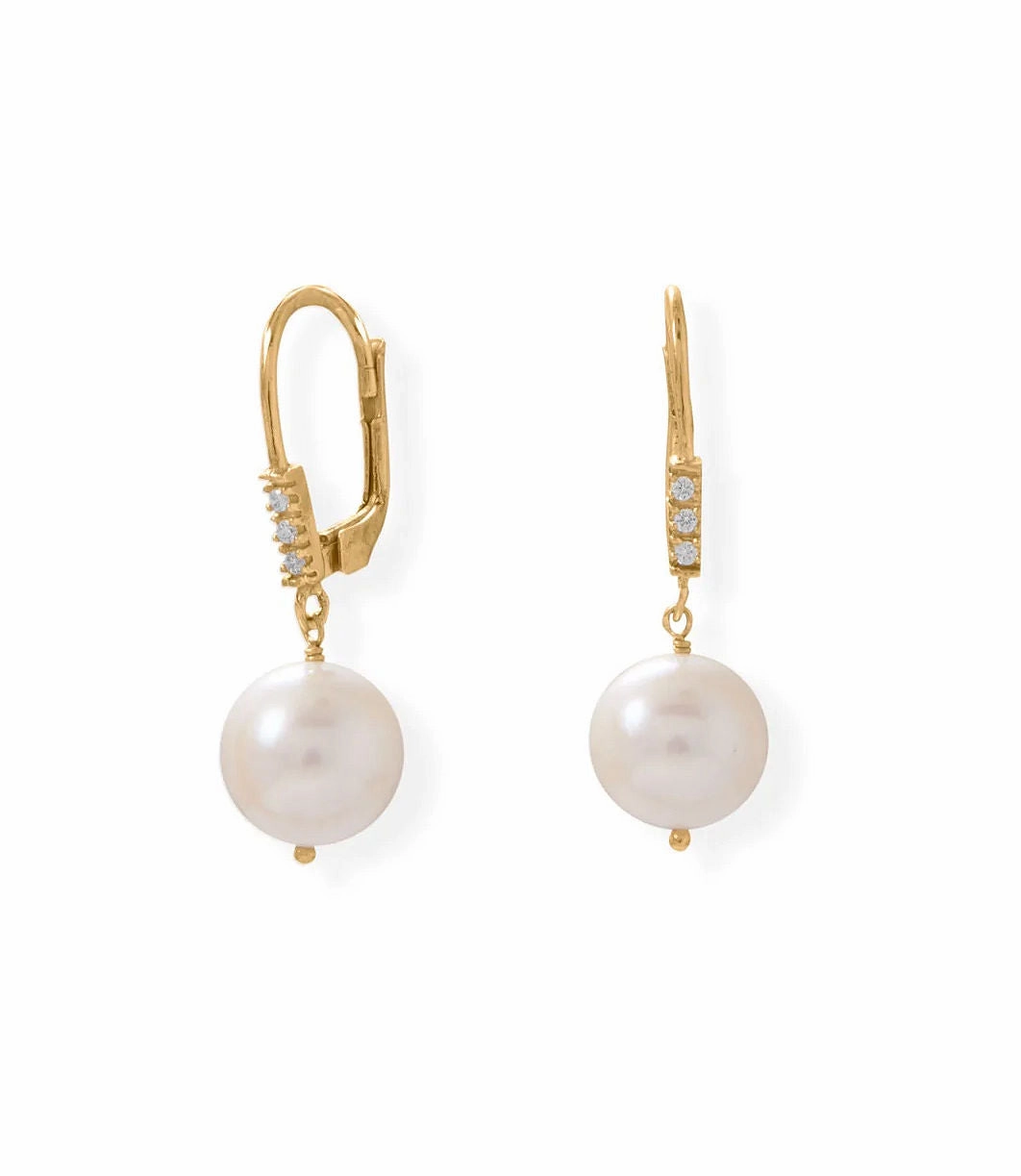 Cultured Freshwater Pearl and Cubic Zirconia Lever Back Earrings Gold-plated Holiday Piece High-Quality Item