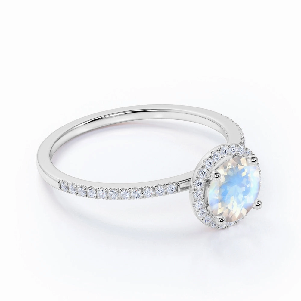 Glamorous Statement 1.5 ct Round Blue Moonstone Halo Engagement Ring