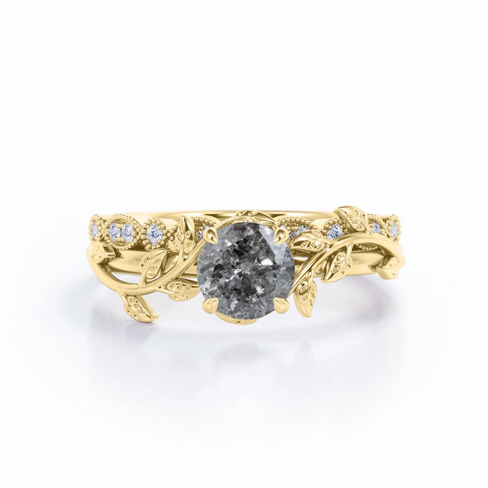 0.75 Ct Round Salt and Pepper Diamond Leaf Wedding Ring Set Pastel Shade