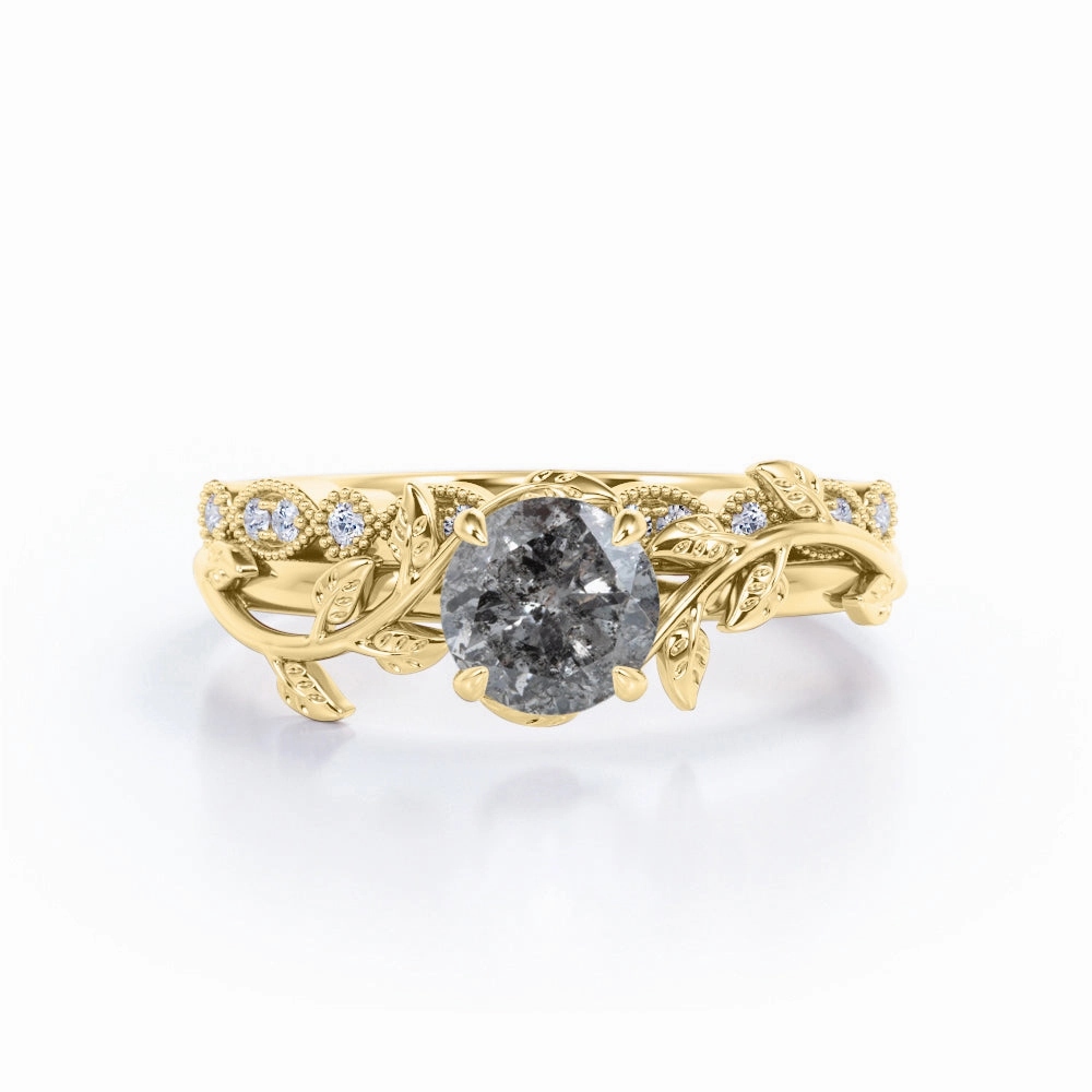 0.75 Ct Round Salt and Pepper Diamond Leaf Wedding Ring Set Bold Memento