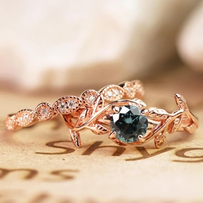 Antique Solitaire Leaf Design 1.25 Carat Round Cut Synthetic Alexandrite and Diamond Milgrain Art Deco Wedding Ring Sets - Bridal Set Rings in Rose Gold for Women Wonderful Statement