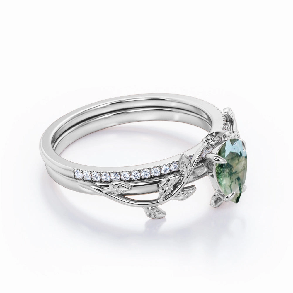 Exquisite Article Leaf Inspired 1.25 Ct Pear Cut Moss Agate Wedding Ring Set