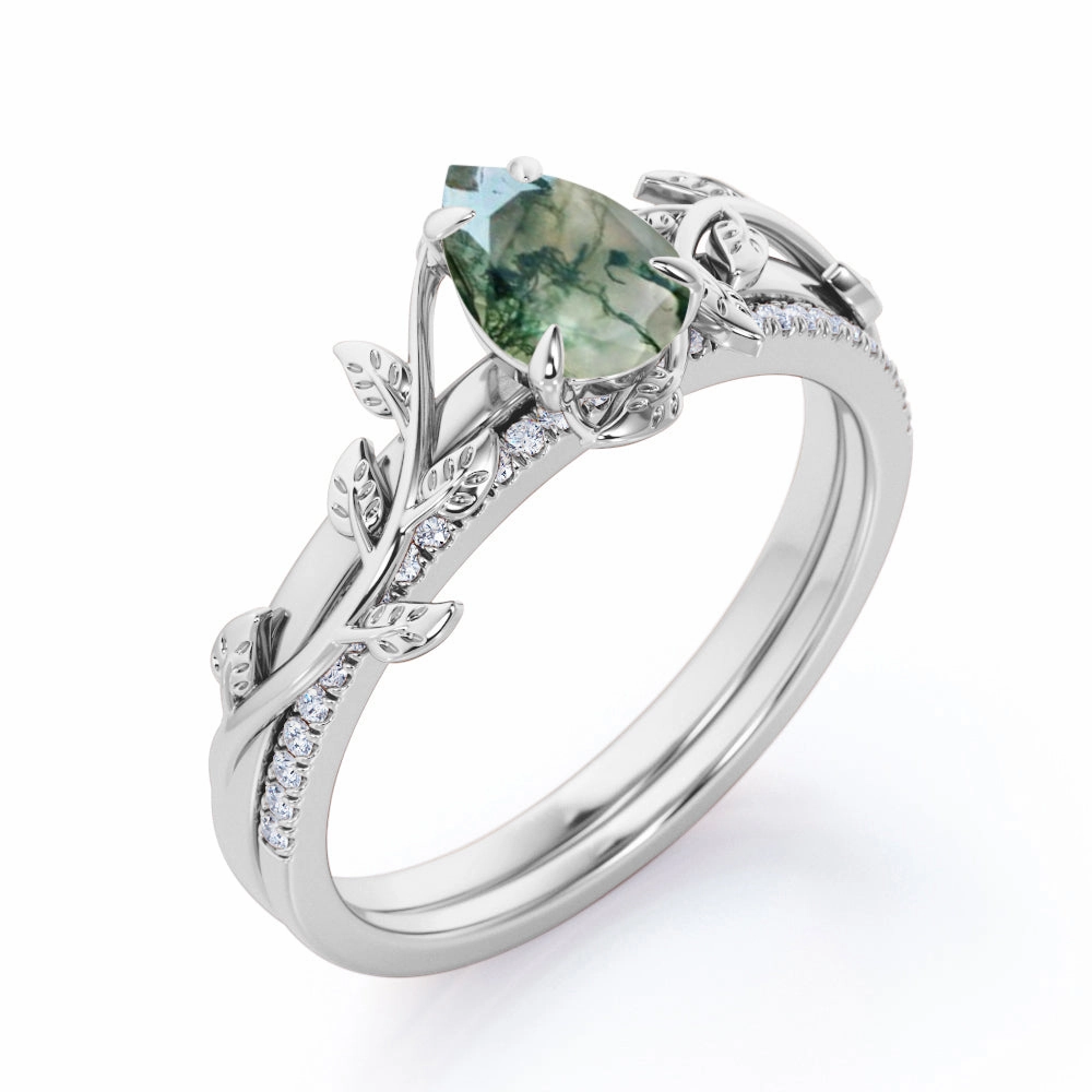Leaf Inspired 1.25 Ct Pear Cut Moss Agate Wedding Ring Set Vintage Mark Fashionable Symbol