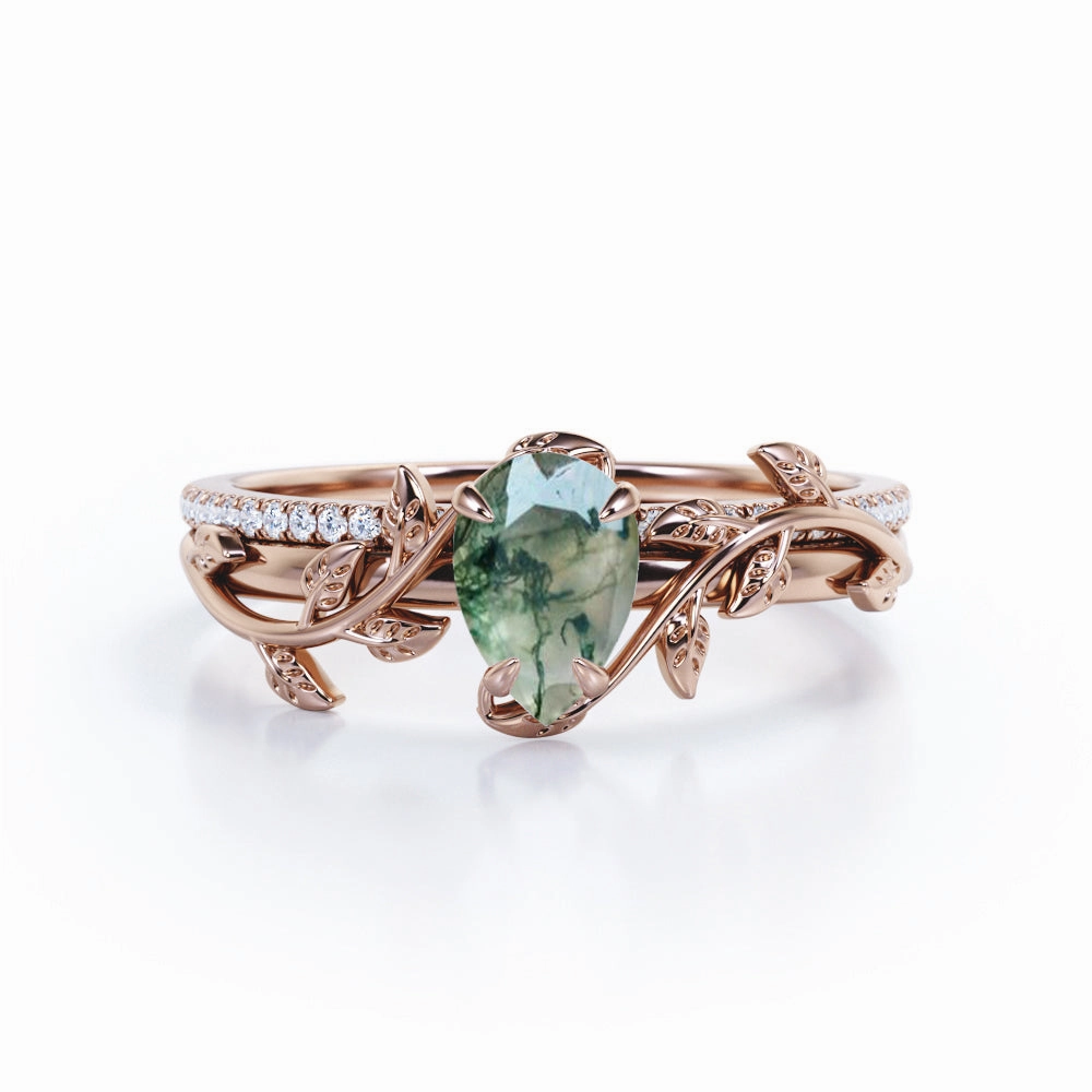 Leaf Inspired 1.25 Ct Pear Cut Moss Agate Wedding Ring Set Modern Ornament Sophisticated Style