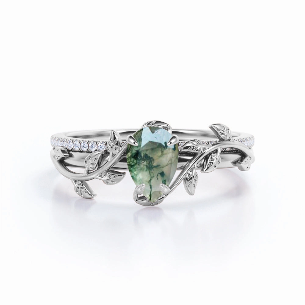 Leaf Inspired 1.25 Ct Pear Cut Moss Agate Wedding Ring Set Subtle Charm
