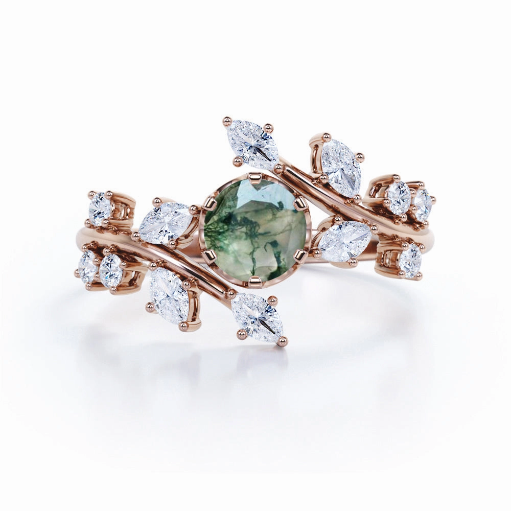 Modern Floral Style 1 Carat Round Cut Natural Translucent Dendritic Moss Green Agate and Diamond Art Deco Engagement Ring Occasion Present