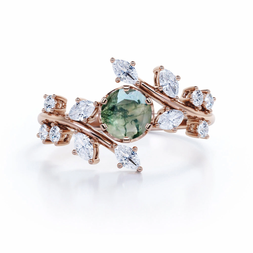 Graceful Vibe Simple Decoration Modern Floral Style 1 Carat Round Cut Natural Translucent Dendritic Moss Green Agate and Diamond Art Deco Engagement Ring