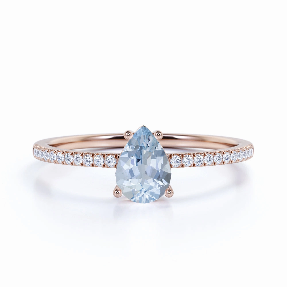 Award winning 1.25 ct Pear Aquamarine Pave Engagement Ring