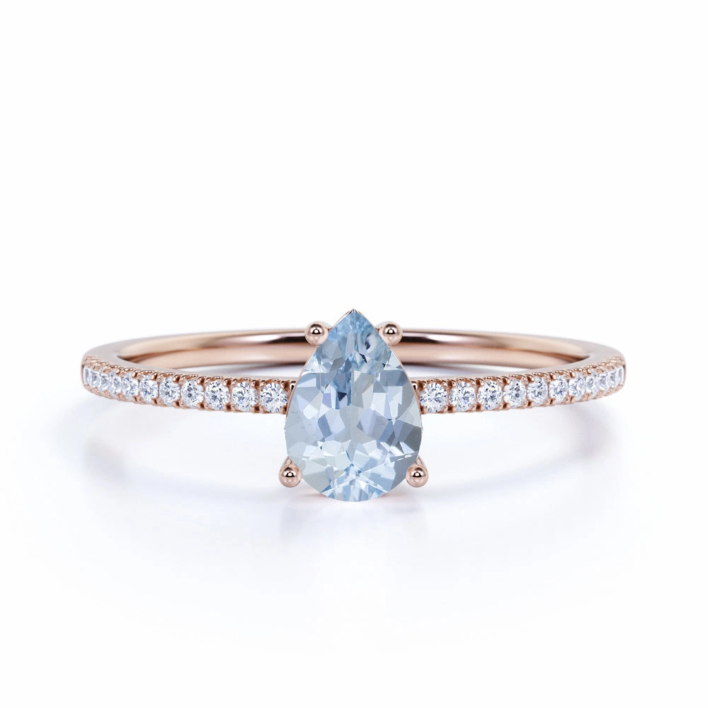 1.25 ct Pear Aquamarine Pave Engagement Ring Ornate Detail