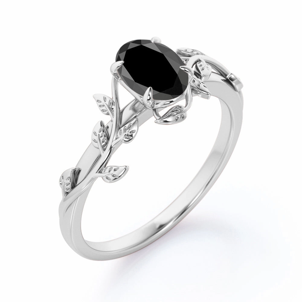1 ct Oval Lab Black Diamond Leaf Style Engagement Ring Low Key Simple Ornament