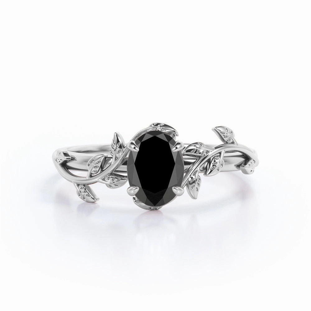 1 ct Oval Lab Black Diamond Leaf Style Engagement Ring High-End Work Sentimental Decoration