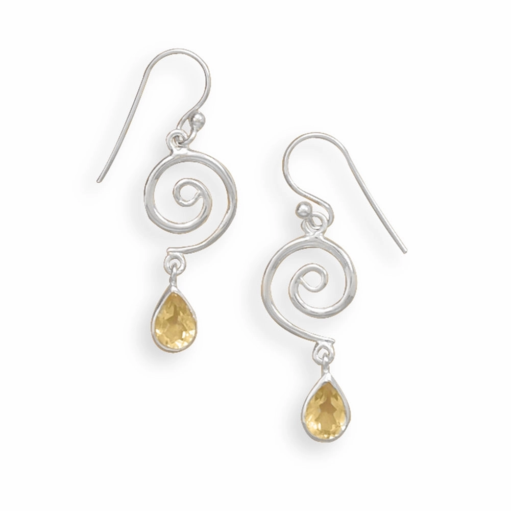 Ornate Embellishment Night Piece Yellow Citrine Swirl Coil Design Sterling Silver Drop Earrings