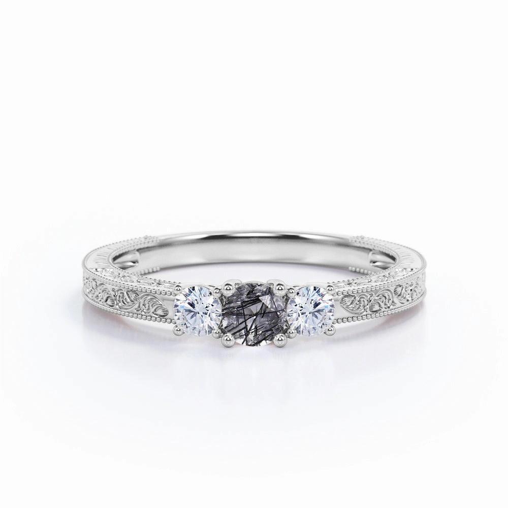 Strong Symbol Elegant decoration Three Stone 0.75 ct Round Black Rutilated Quartz Engagement Ring
