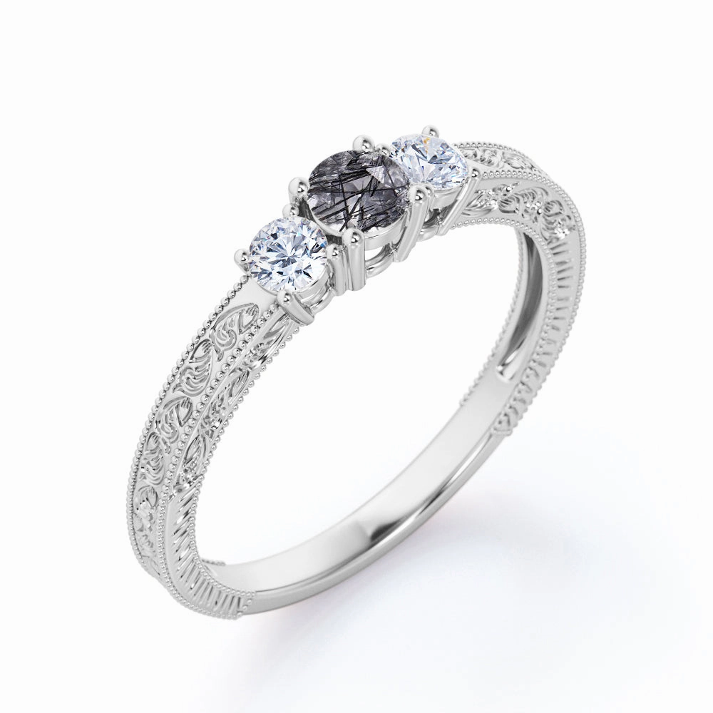 High-End Decoration Gallery Art Three Stone 0.75 ct Round Black Rutilated Quartz Engagement Ring
