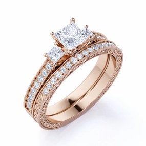 1.25 ct - Princess Cut Diamond - Pave - Three Stone Ring - Victorian Style - Vintage Wedding Ring Set in 10K Rose Gold Superior Craftsmanship