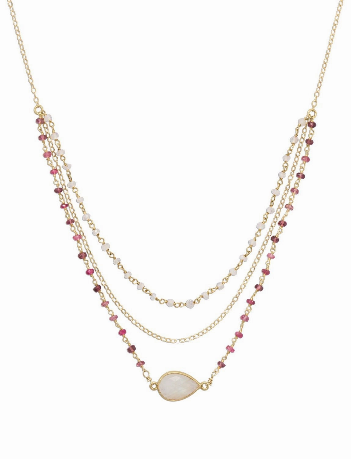 14k Gold-filled Three-Strand Rainbow Moonstone and Tourmaline Necklace Versatile Adornment