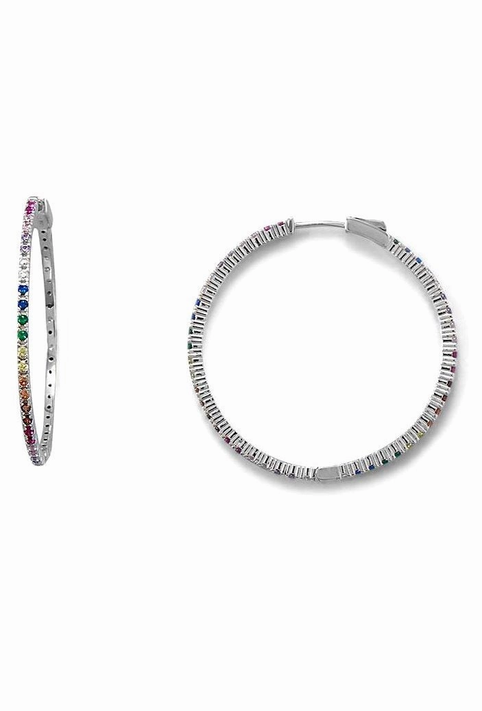 Rainbow Colors Hoop Earrings Cubic Zirconia Rhodium on Sterling Silver Square Ornament Trendy Feature