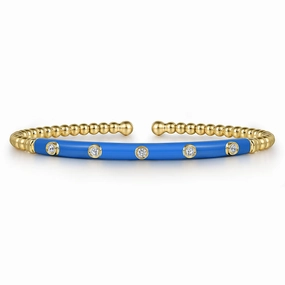 14K Yellow Gold Bujukan Beads and Diamond Split Bangle with Blue Enamel Fashion Mood Lustrous Glow
