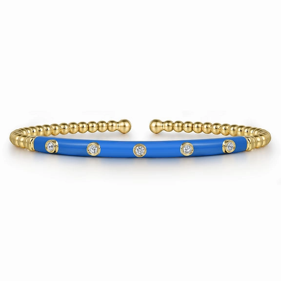 14K Yellow Gold Bujukan Beads and Diamond Split Bangle with Blue Enamel Fashion Mood Lustrous Glow