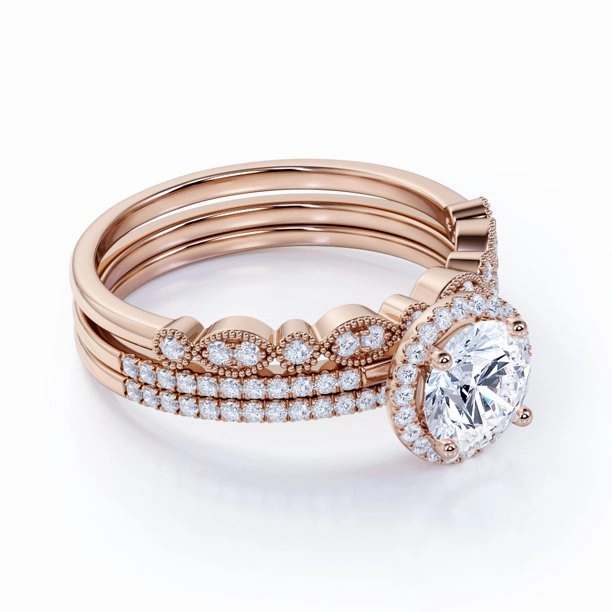 Graceful Accent Shiny Feature Pave 2 Carat Round Cut Moissanite Halo Trio Set