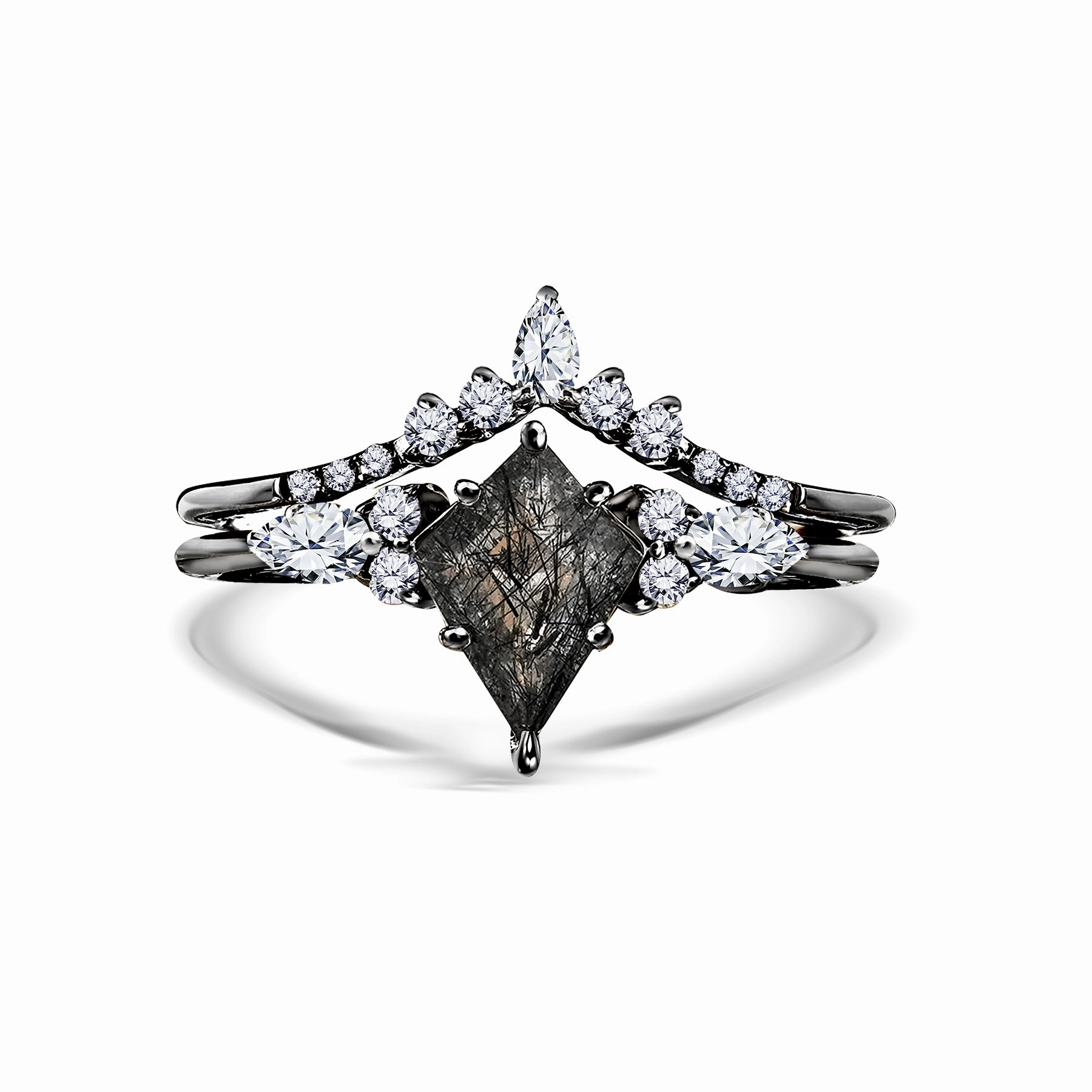 Tiara 1.45 ct Kite Black Rutilated Quartz Seven Stone Bridal Set Polished Geometry