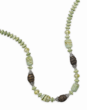 Green and Brown Swirled Lampwork and Wood Bead Necklace Sterling Silver Adjustable - Made in the USA For Healing Durable piece