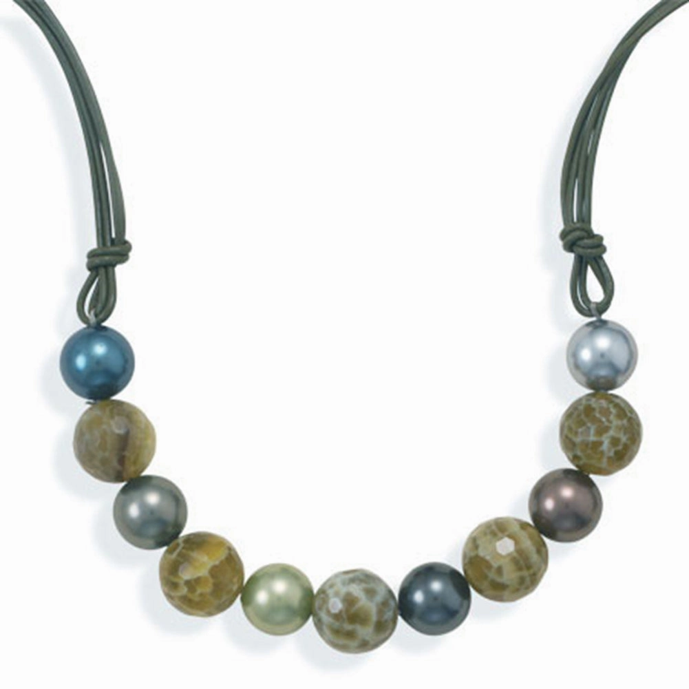 Green Leather Fire Agate and Shell Beads Three Strand Necklace Sterling Silver Eco Friendly Accessory Night Accent